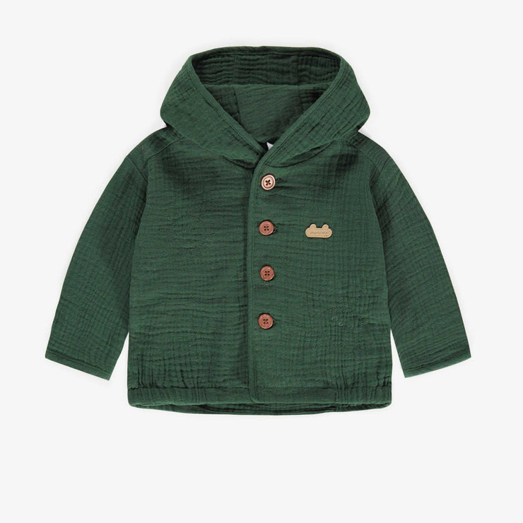 Veste verte à capuchon en mousseline, naissance || Green hooded vest in muslin, newborn