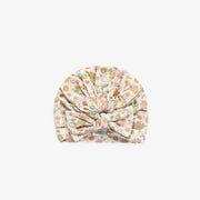 Chapeau crème à motifs de fleurs avec une boucle en coton, naissance || Cream hat with floral pattern with a bow in cotton, newborn