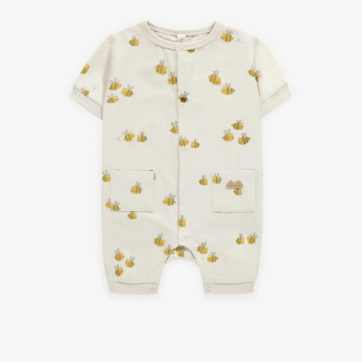 Pyjama une-pièce crème avec abeilles en coton biologique, naissance || One-piece cream pajamas with bees in organic cotton, newborn