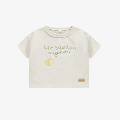 T-shirt crème coupe droite en coton biologique doux, naissance  || Cream t-shirt straight cut in soft organic cotton, newborn