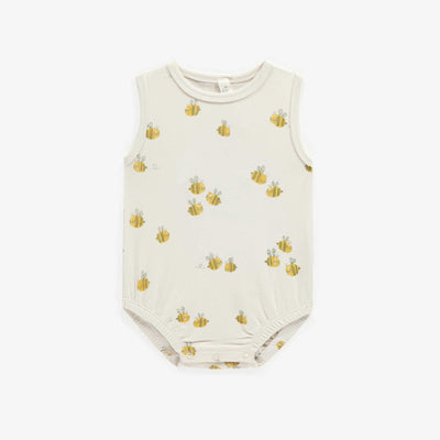 Cache-couche camisole crème avec abeilles en jersey extensible, naissance || Cream bodysuit with bees and straps in stretch jersey, newborn