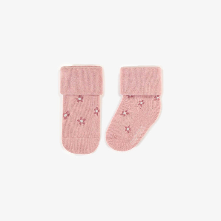 Chaussette extensible rose avec petites fleurs, naissance || Pink stretch socks with little flowers, newborn