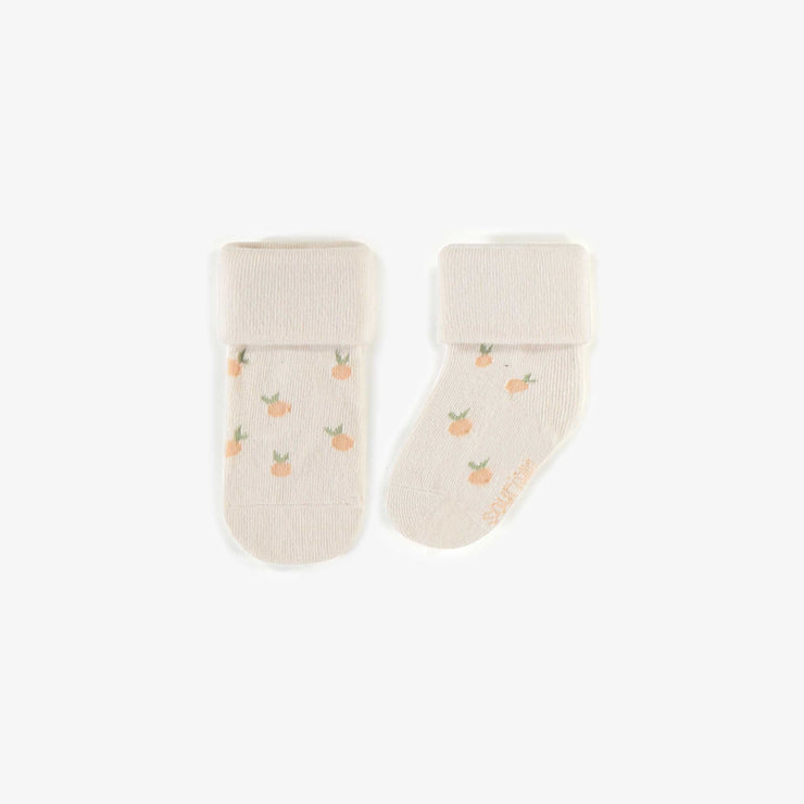 Chaussette extensible crème à motifs d'abricots, naissance || Cream apricots pattern stretch socks, newborn