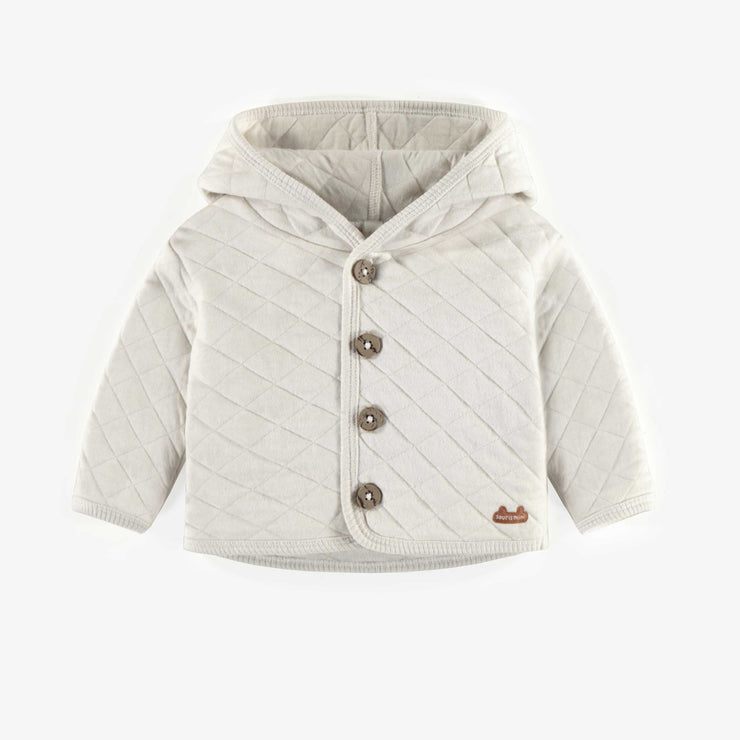 Chandail crème à capuchon en jersey matelassé, naissance || Cream hooded sweater in quilted jersey, newborn