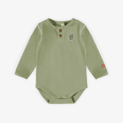 Cache-couche vert col henley en tricot côtelé, naissance  || Green henley collar bodysuit in ribbed knit, newborn