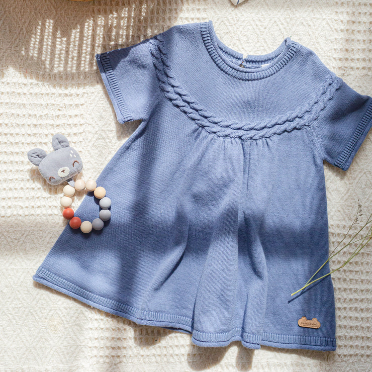 Robe bleue en coton à manches courtes, naissance || Blue short sleeved dress in cotton, newborn