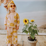 Pantalon rose avec fleurs jaunes en coton français, bébé || Pink flowery pant in French terry, baby